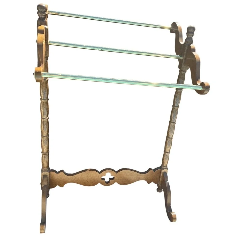 Vintage Quilt Hanger Rack Stand 3 Tier Wood Gold Bars‎ Medallions 42x28x17